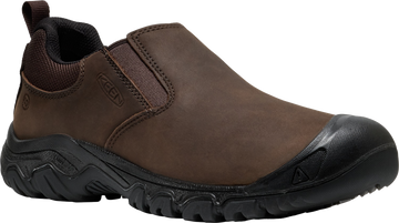 Quarter turn view Men's KEEN Footwear style name Targhee IV Slip-On in color JAVA/BLK. Sku: 1031163