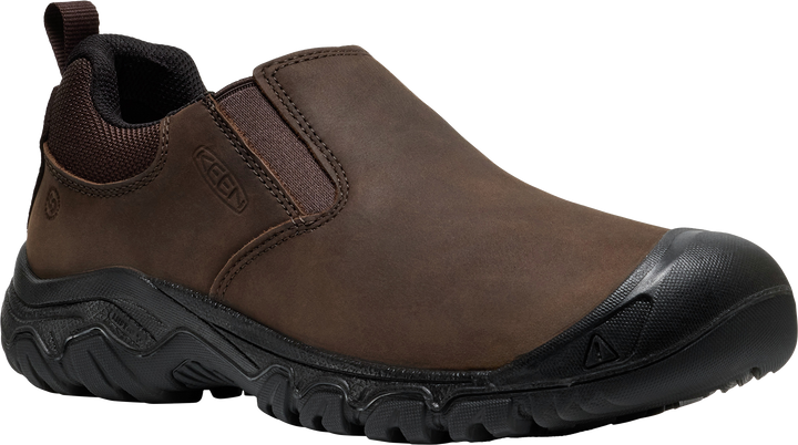 Quarter turn view Men's KEEN Footwear style name Targhee IV Slip-On Wide in color JAVA/BLK. Sku: 1031174