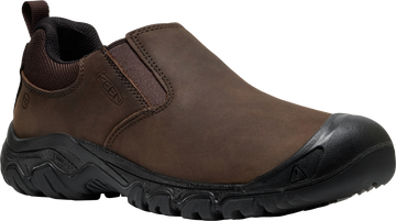 Quarter turn view Men's KEEN Footwear style name Targhee IV Slip-On Wide in color JAVA/BLK. Sku: 1031174