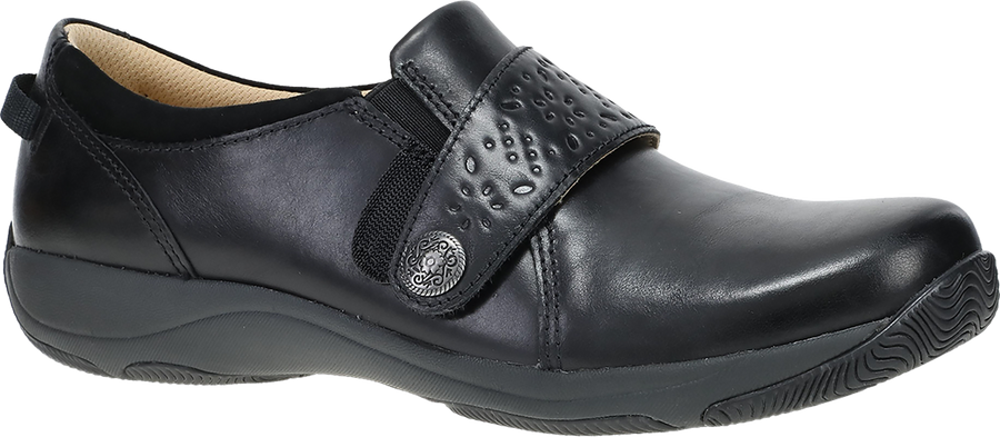 Quarter turn view Women's Dansko Footwear style name Sallie in color BLK WAX BN. Sku: 10400020200