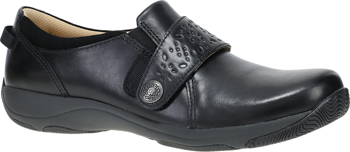 Quarter turn view Women's Dansko Footwear style name Sallie Wide in color BLK WAX BN. Sku: 10404020200