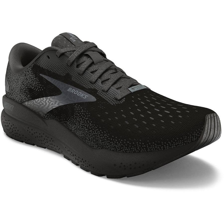 Quarter turn view Men's Brooks Footwear style name Ghost 16 GTX Medium in color Black/ Black/ Ebony. Sku: 110430-1D020