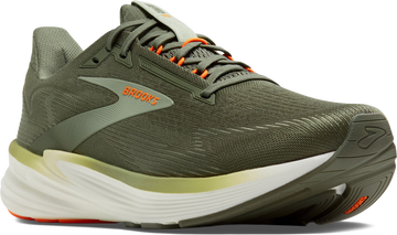 Quarter turn view Men's Brooks Footwear style name Revel 8 Medium in color OLV/TEA/OR. Sku: 110468-1D380