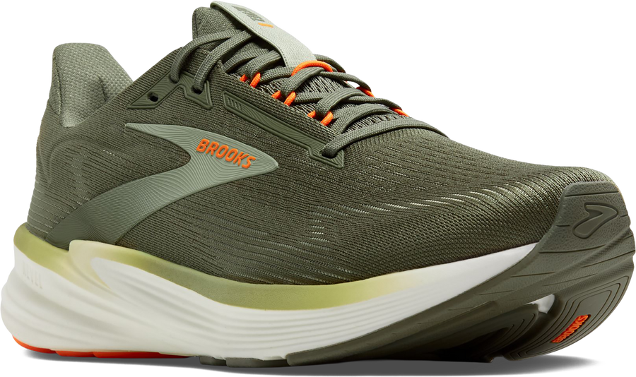 Quarter turn view Men's Brooks Footwear style name Revel 8 Medium in color OLV/TEA/OR. Sku: 110468-1D380