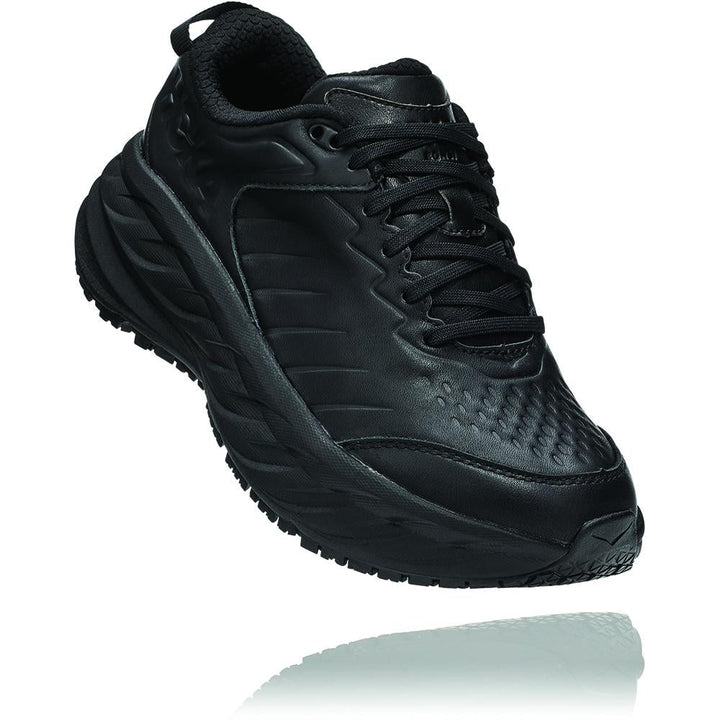 Quarter view Men's Hoka Bondi Slip Resistant in Black. Sku: 1110520BBLC