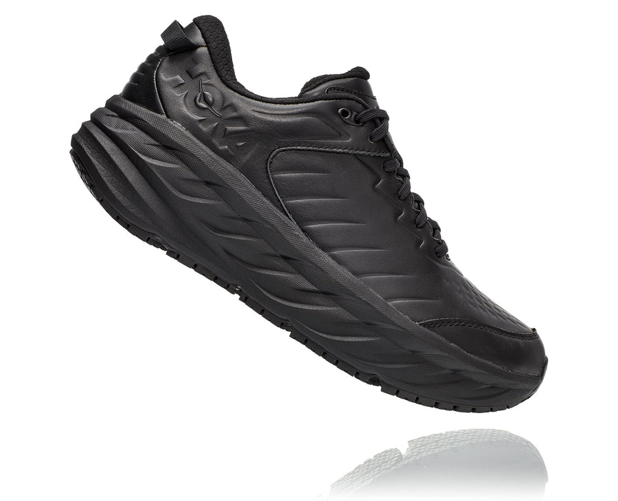 Side view Men's Hoka Bondi Slip Resistant in Black. Sku: 1129350BBLC