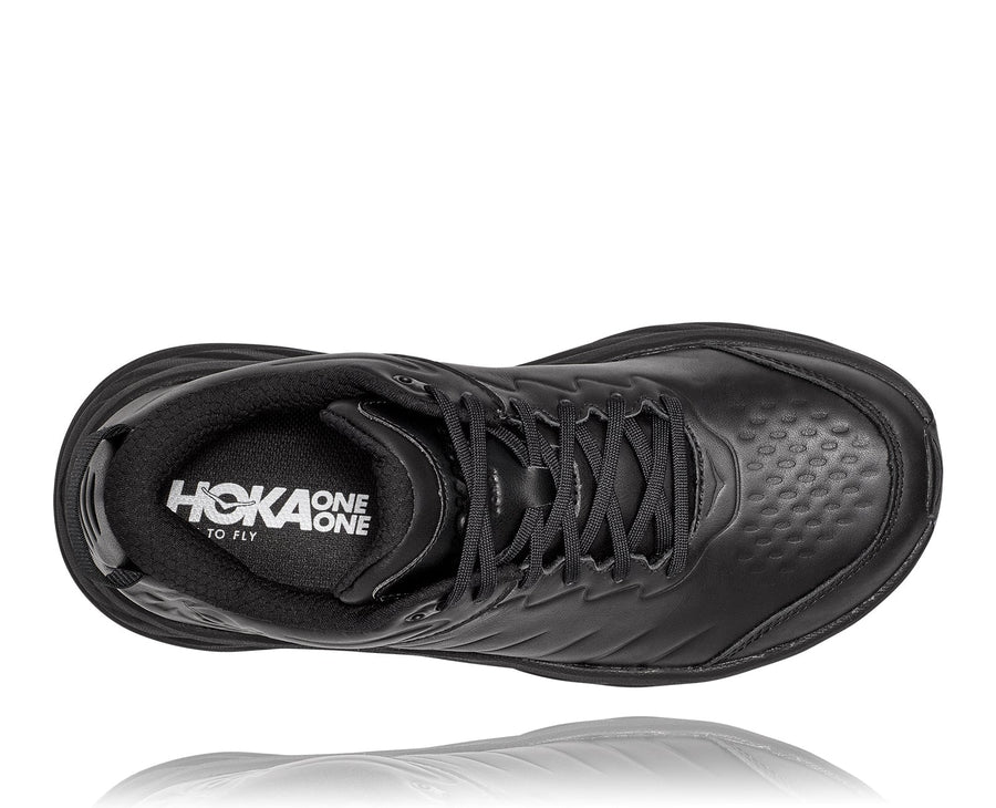 Top down view Men's Hoka Bondi Slip Resistant in Black. Sku: 1129350BBLC