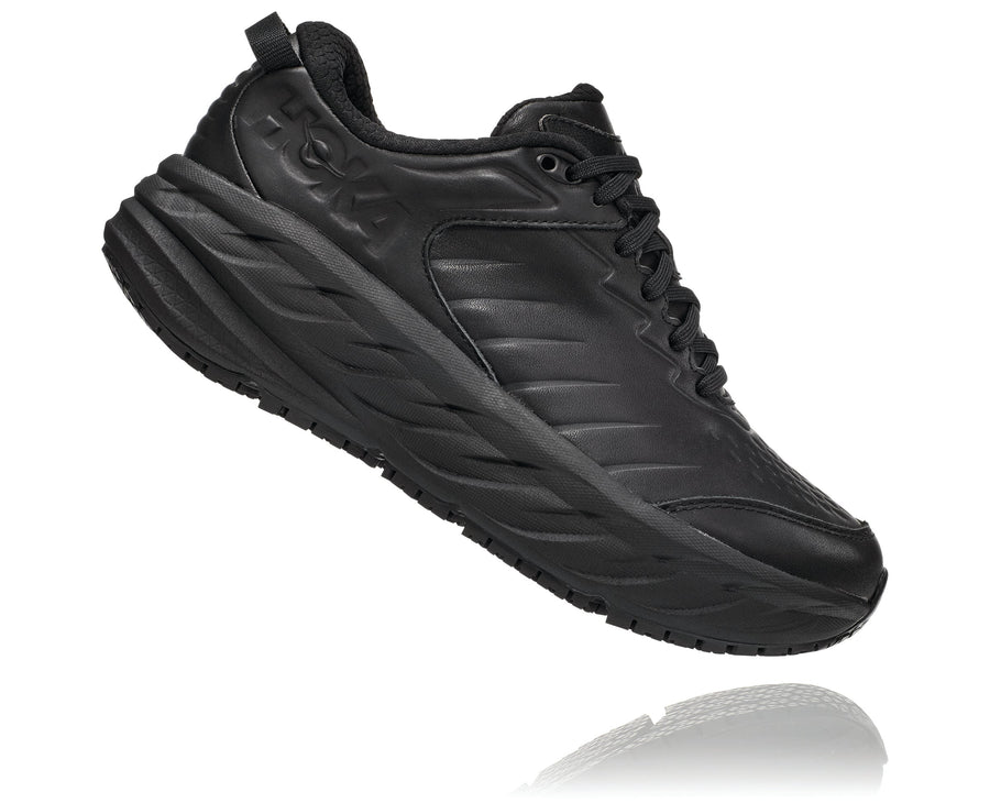 Side view Women's Hoka Bondi Slip Resistant in Black. Sku: 1129351BBLC