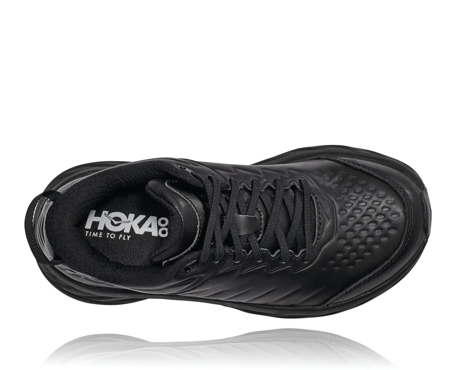 Top down view Women's Hoka Bondi Slip Resistant in Black. Sku: 1129351BBLC