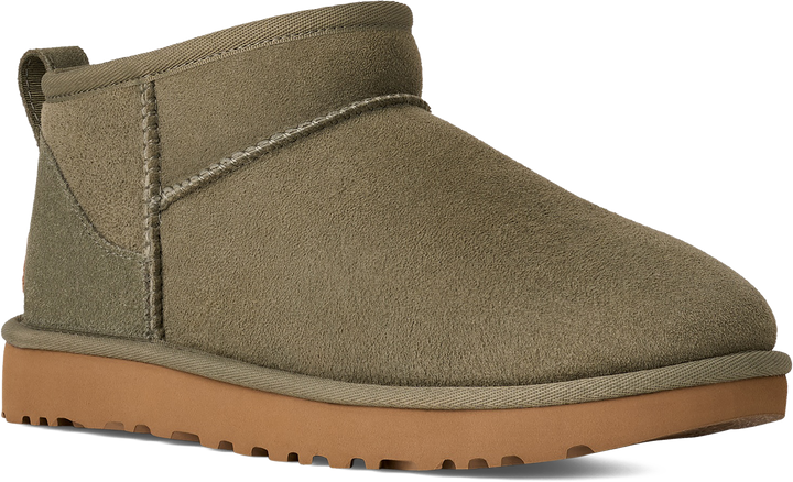 Quarter turn view Women's UGG Footwear style name Classic Ultra Mini in color MOSS GREEN. Sku: 1116109-MMP