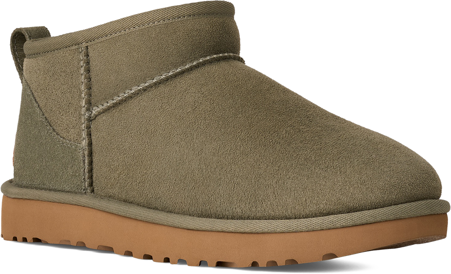 Quarter turn view Women's UGG Footwear style name Classic Ultra Mini in color MOSS GREEN. Sku: 1116109-MMP