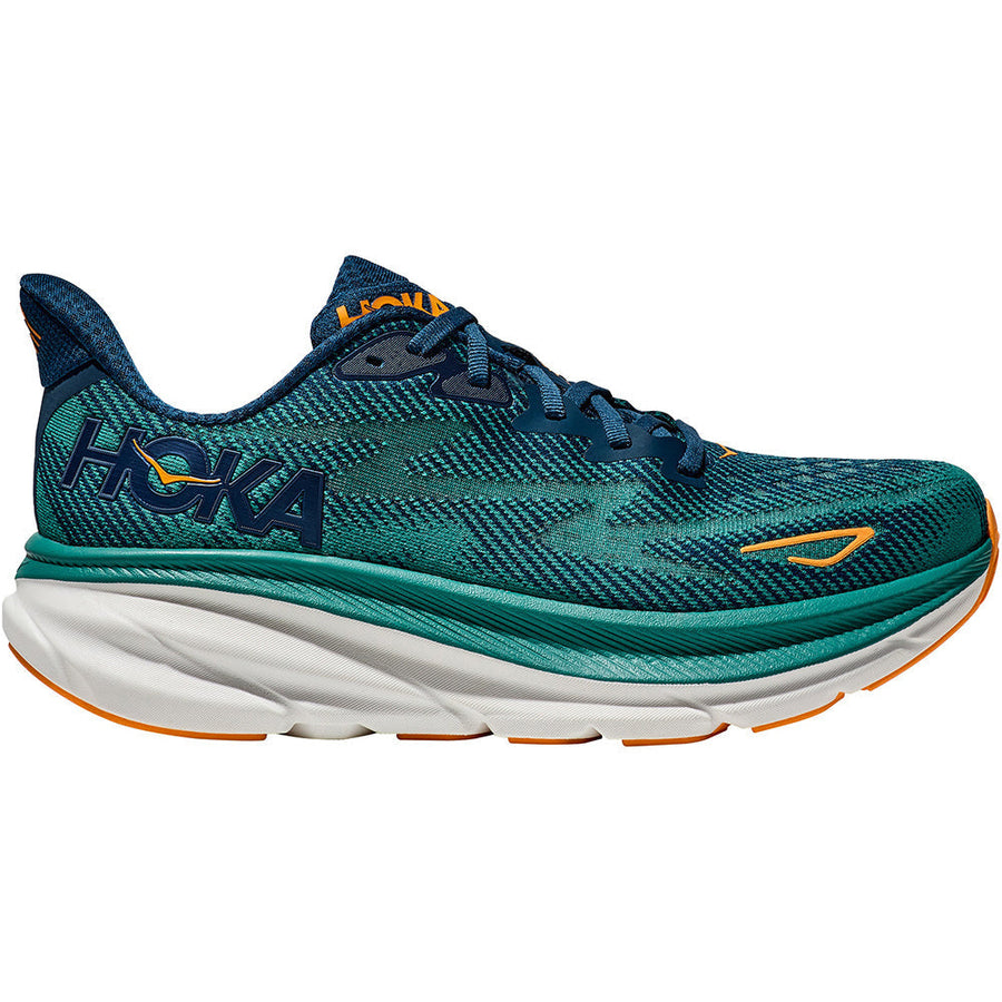 Quarter turn view Men's Hoka Footwear style name Clifton 9 in color Midnight/ Oceanic. Sku: 1127895MCN