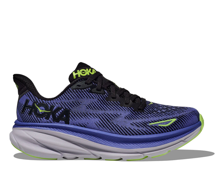 Quarter view Women's Hoka Footwear style name Clifton 9 in color Black/Steller Blue. Sku: 1127896BCKS