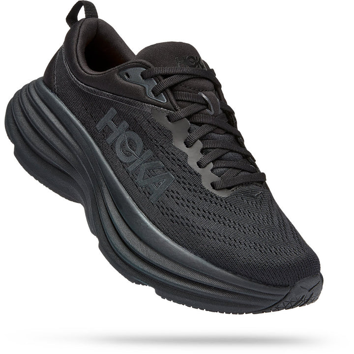 Quarter view Women's Hoka Footwear style name Bondi 8 Wide in color Black/ Black. SKU: 1127954BBLC