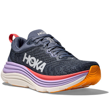 Quarter turn view Women's Hoka Footwear style name Gaviota 5 in color Anchor/ Grapefruit. Sku: 1134235-ARP