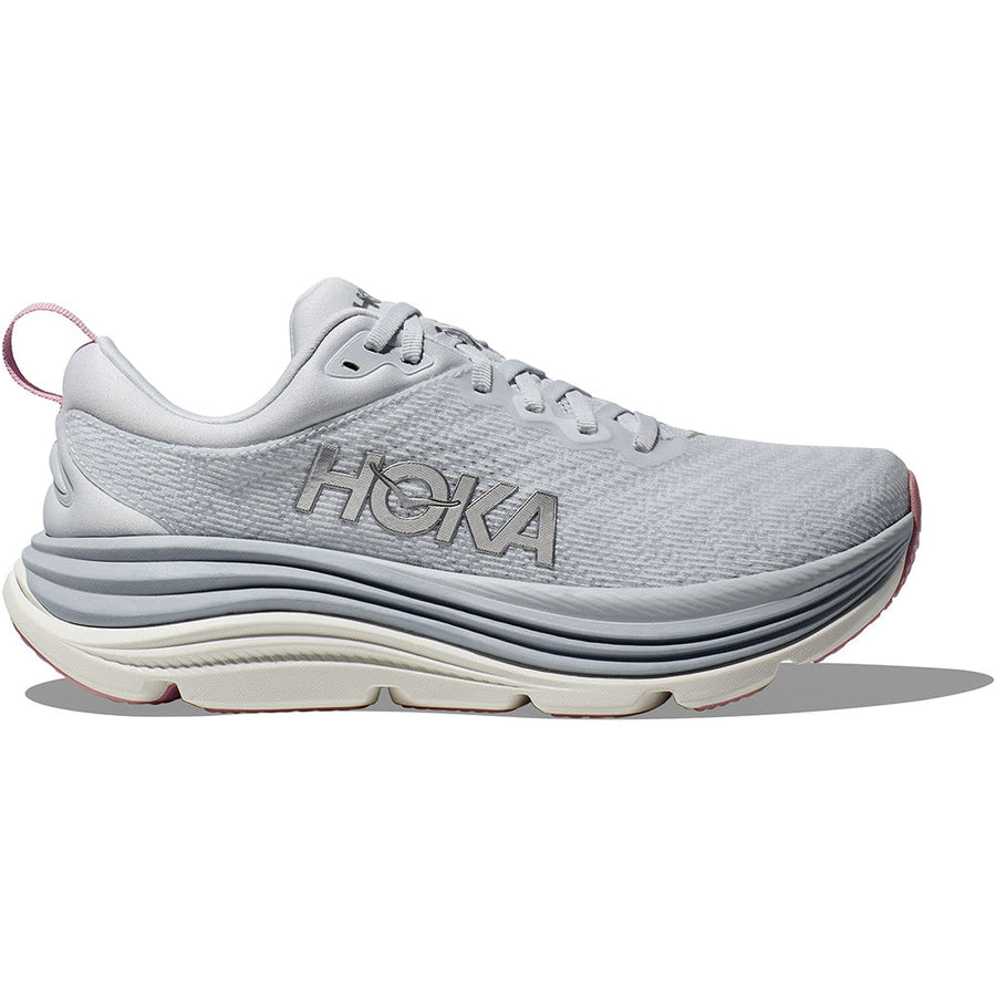 Quarter turn view Women's Hoka Footwear style name Gaviota 5 in color Sea Ice/ Pink Twilight. Sku: 1134235SCP