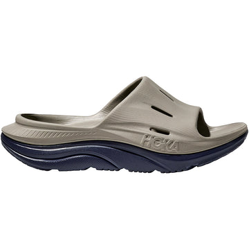 Quarter turn view Men's Hoka Footwear style name Ora Recovery Slide 3 in color Varsity Navy/ Farro. Sku: 1135061VYF