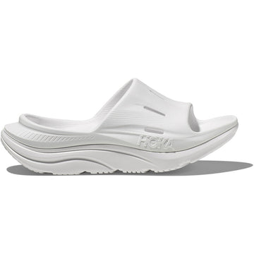 Quarter turn view Women's Hoka Footwear style name Ora Recovery Slide 3 in color White/ White. Sku: 1135061WWH