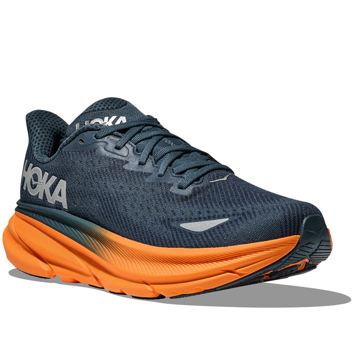 Quarter turn view Men's Hoka Footwear style name Clifton 9 GTX in color Stormy Skies/ Orange Zest. Sku: 1141470F-SGZ