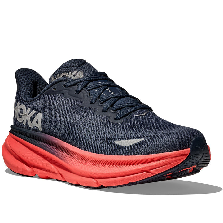 Quarter turn view Women's Hoka Footwear style name Clifton 9 GTX in color Varsity Navy/ Nautical Dusk. Sku: 1141490F-VLD