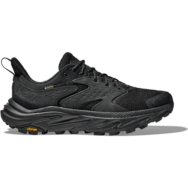 Quarter turn view Men's Hoka Footwear style name Anacapa 2 Low GTX in color Black/ Black. Sku: 1141632FBBLC