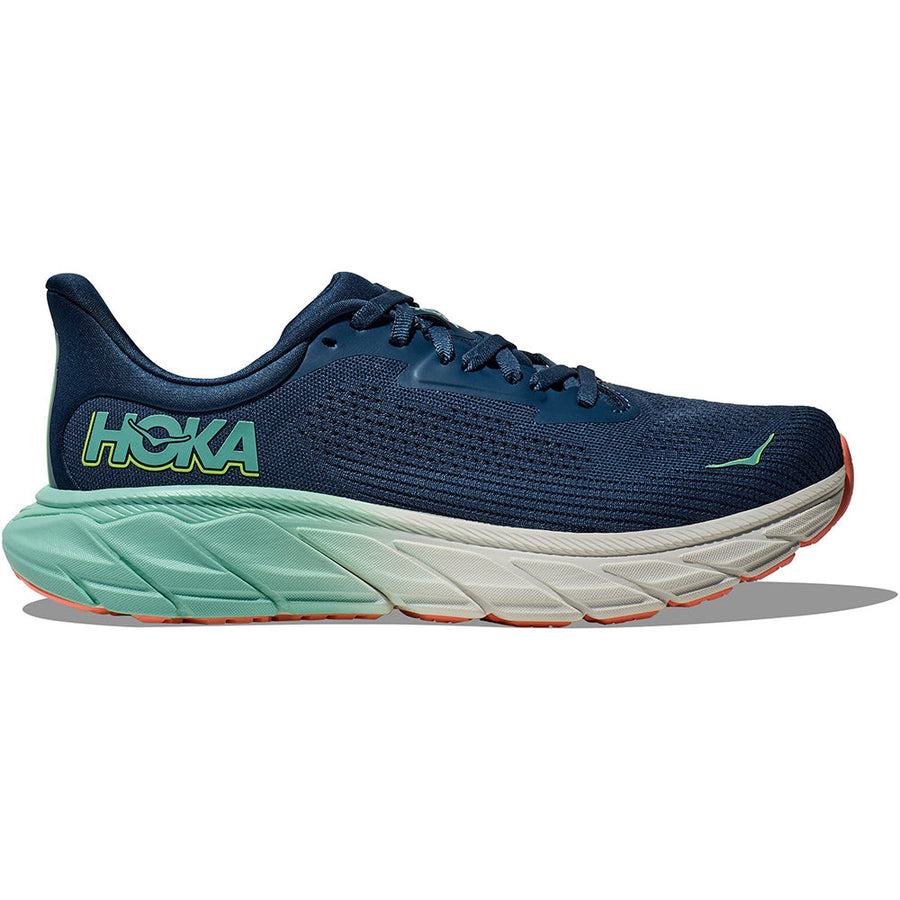 Quarter turn view Women's Hoka Footwear style name Arahi 7 in color Midnight/ Seafoam. Sku: 1147851MSF