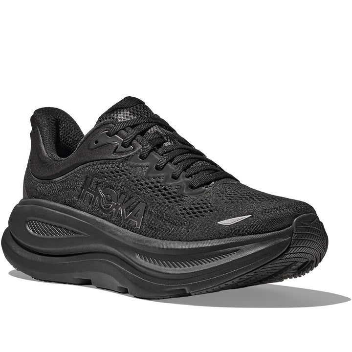 Quarter turn view Men's Hoka Footwear style name Bondi 9 in color Black/ Black. Sku: 1162011-BBLC