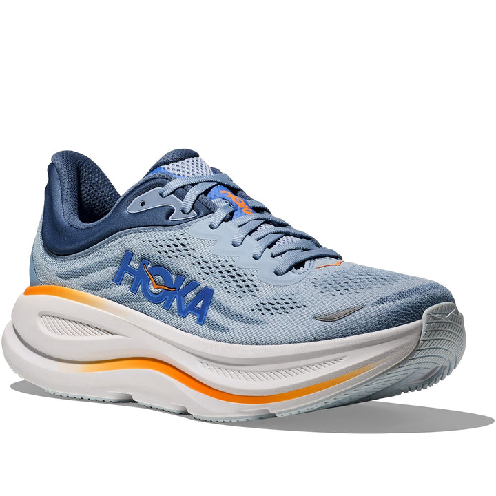 Quarter turn view Men's Hoka Footwear style name Bondi 9 in color Drizzle/ Downpour. Sku: 1162011-DNP