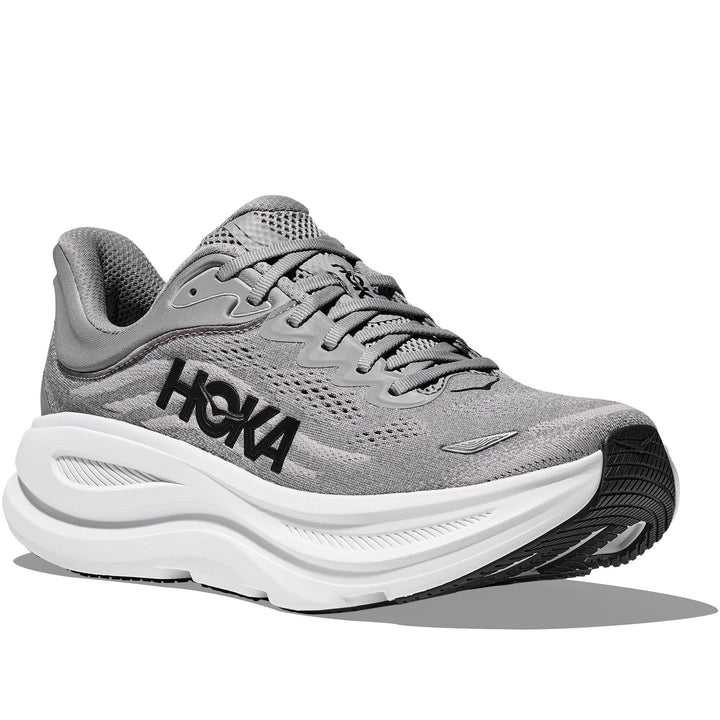 Quarter turn view Men's Hoka Footwear style name Bondi 9 in color Galactic Grey/ Stellar Grey. Sku: 1162011-GCTC