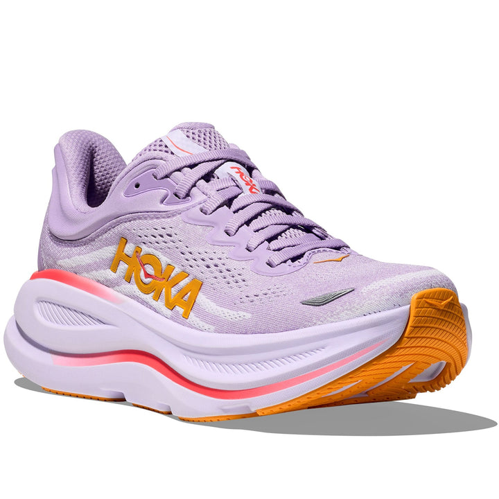 Quarter turn view Women's Hoka Footwear style name Bondi 9 in color Aster Flower/ Starlight Glow. Sku: 1162012-AGH