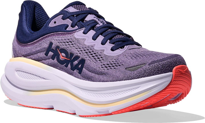 Quarter turn view Women's HOKA Footwear style name Bondi 9 Wide in color Berry Jam. Sku: 1162014-BJM