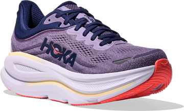 Quarter turn view Women's HOKA Footwear style name Bondi 9 Wide in color Berry Jam. Sku: 1162014-BJM