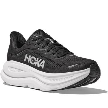 Quarter turn view Women's Hoka Footwear style name Bondi 9 Wide in color Black/ White. Sku: 1162014-BWHT