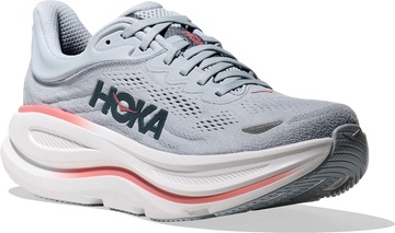 Quarter turn view Women's HOKA Footwear style name Bondi 9 Wide in color Mineral Blue/ Washed Blue. Sku: 1162014-MBLW
