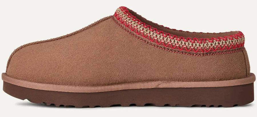 Brown slipper with red and beige trim on a white background