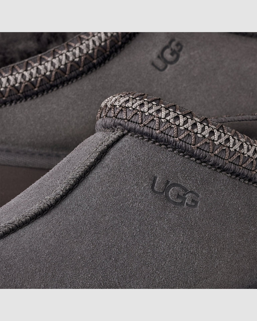 Close-up of UGG branded gray slippers with textured trim on a light gray background