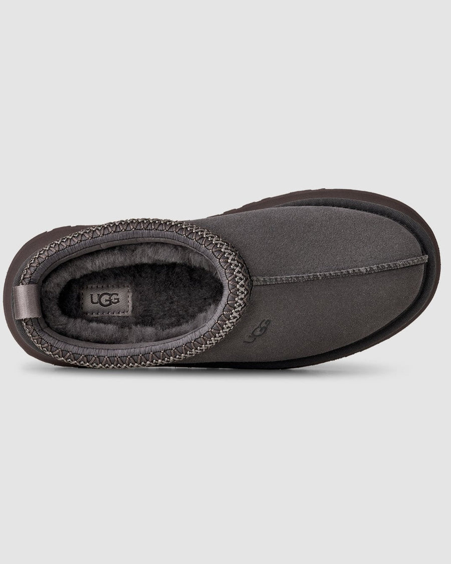 Dark gray UGG slipper on a light gray background