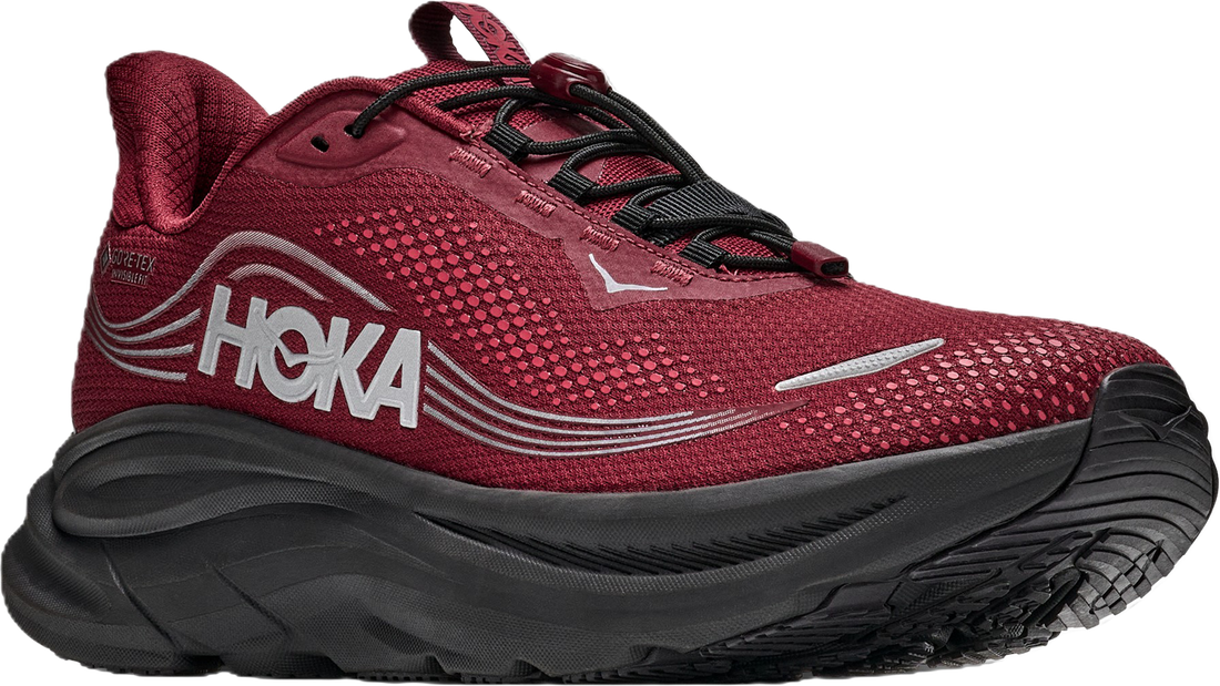 A single Hoka running shoe in burgundy red and black, shown from a side profile view against a plain white background.