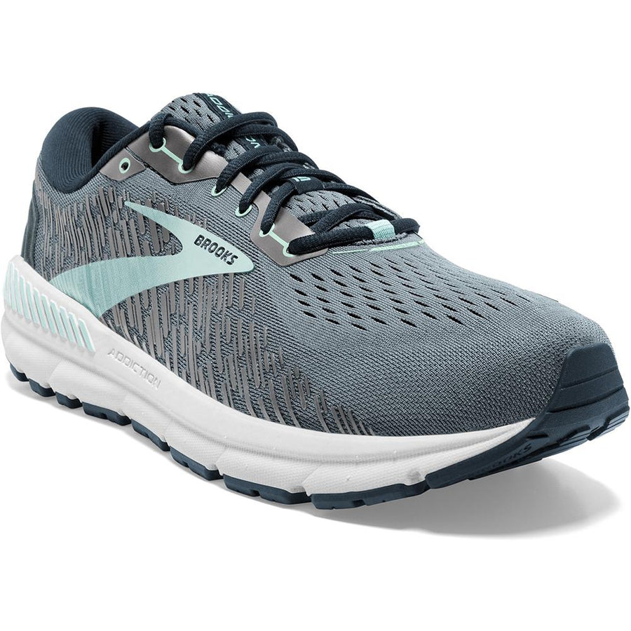 Quarter view Women's Brooks Footwear style name Addiction GTS 15 Narrow in color Grey/ Navy/ Aqua. Sku: 120352-2A099