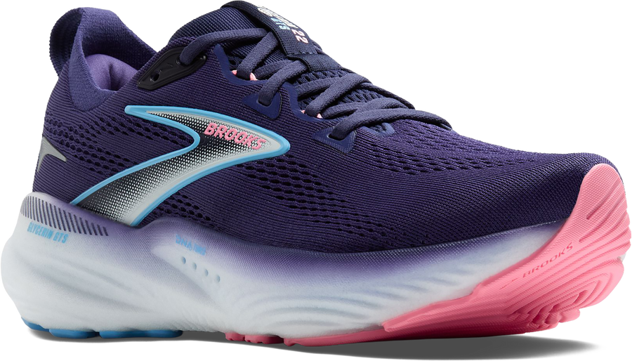 Quarter turn view Women's Brooks Footwear style name Glycerin GTS 22 Medium in color BLU/PEA/DI. Sku: 120435-1B429