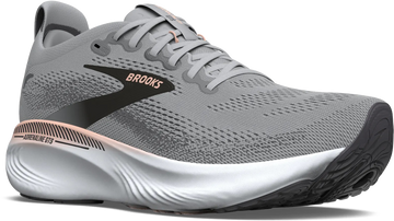 Quarter turn view Women's Brooks Footwear style name Adrenaline GTS 25 Double Wide in color GR/BKP/COR. Sku: 120443-2E032