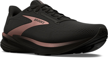 Quarter turn view Women's Brooks Footwear style name Revel 8 Medium in color BK/BK/RSGO. Sku: 120456-1B043