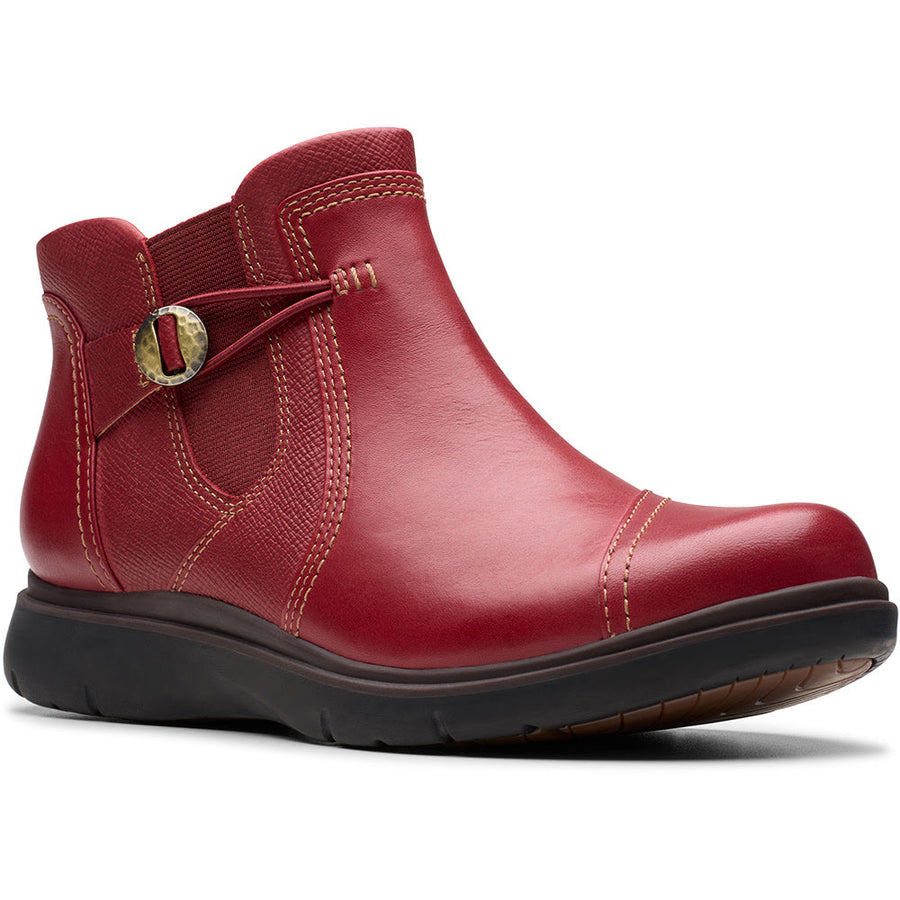 Quarter turn view Women's Clarks Footwear style name Certina Joy Wide in color Red Leather. Sku: 26179813-W