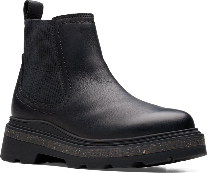 Quarter turn view Women's Clarks Footwear style name Hencroft Step Waterproof Wide in color BLK LEA. Sku: 26179951W