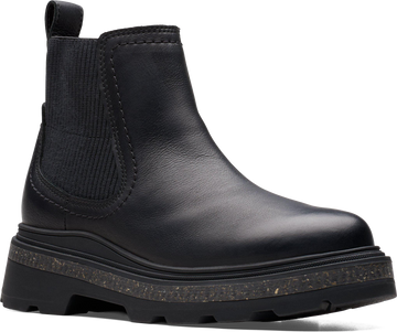 Quarter turn view Women's Clarks Footwear style name Hencroft Step Waterproof in color BLK LEA. Sku: 26179951