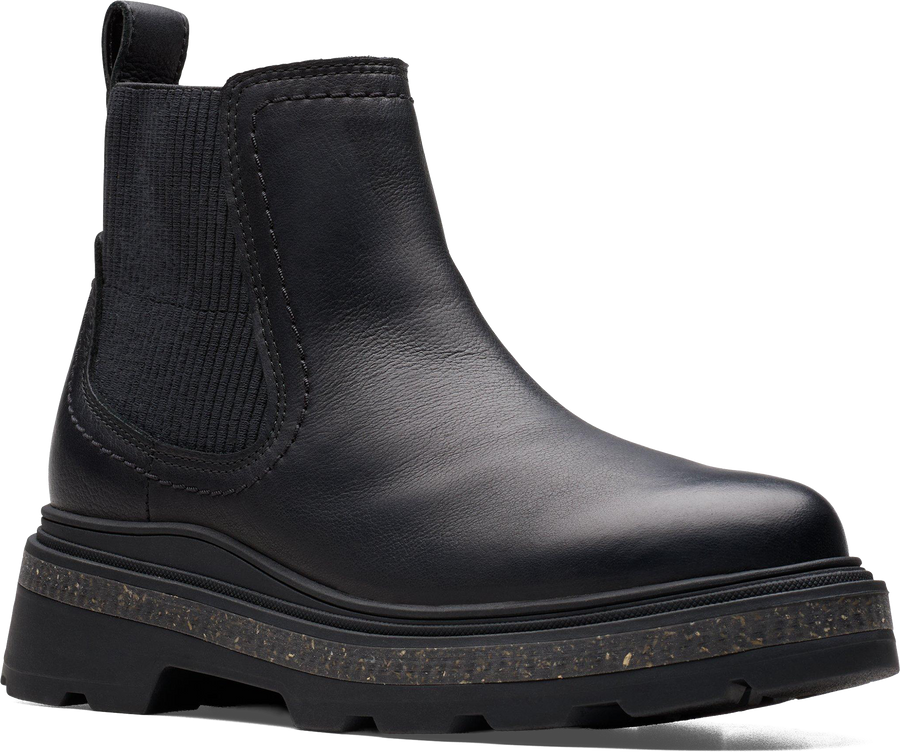 Quarter turn view Women's Clarks Footwear style name Hencroft Step Waterproof in color BLK LEA. Sku: 26179951