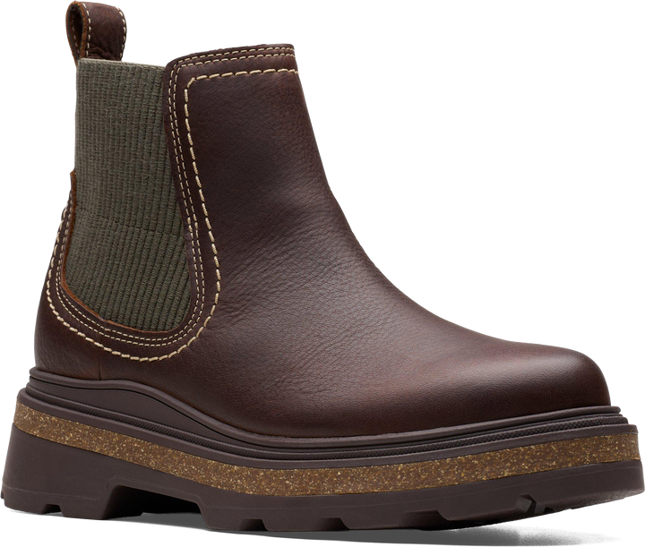 Quarter turn view Women's Clarks Footwear style name Hencroft Step Waterproof in color BROWN LEA. Sku: 26179952