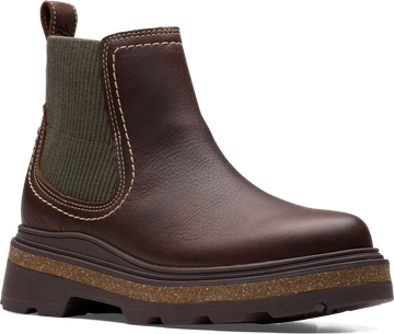 Quarter turn view Women's Clarks Footwear style name Hencroft Step Waterproof in color BROWN LEA. Sku: 26179952