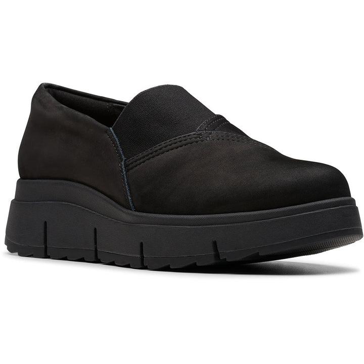 Quarter turn view Women's Clarks Footwear style name Loriini West Wide in color Black. Sku: 26179959-W