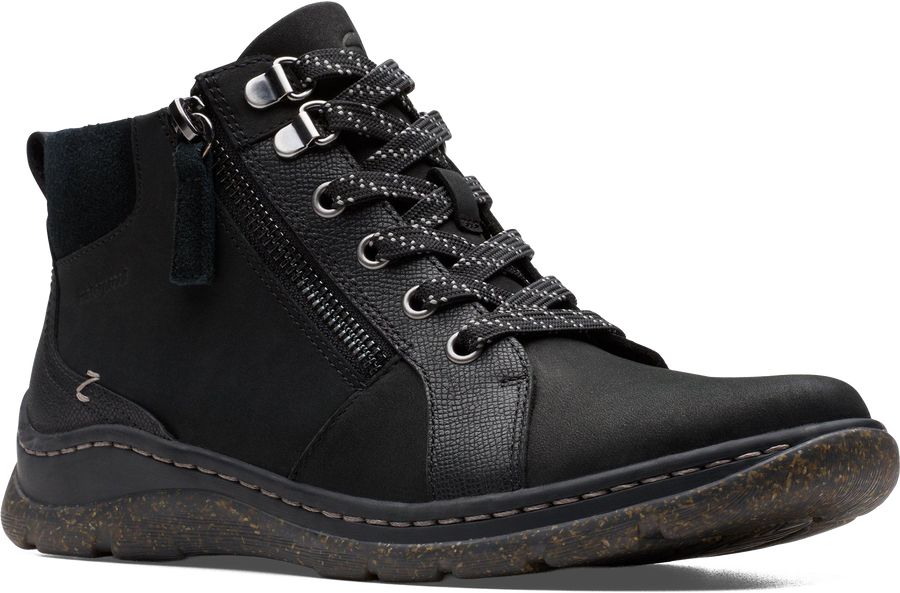 Quarter turn view Women's Clarks Footwear style name Orlene Top Waterproof in color BLK LEA. Sku: 26182991